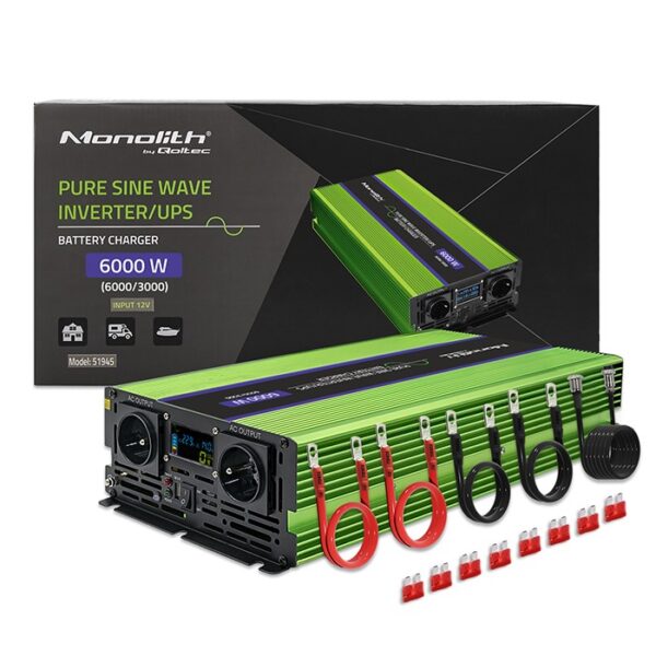 Qoltec Monolith puhas siinus inverter, UPS 12V 230V 3000/6000W