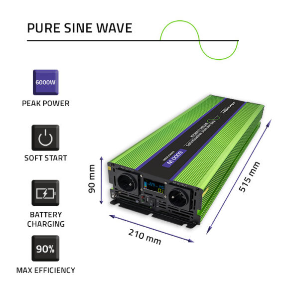 Qoltec Monolith puhas siinus inverter, UPS 12V 230V 3000/6000W - Image 3
